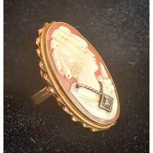 Natural Cameo Ring 14k Size 5 with Diamond Chip Mid-Century